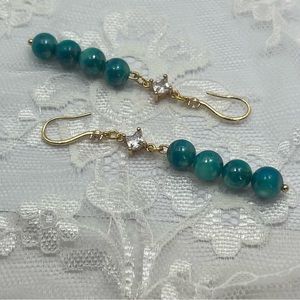 Turquoise Glass Bead White Diamond Shaped Cubic Zirconia 18k gold hook earrings